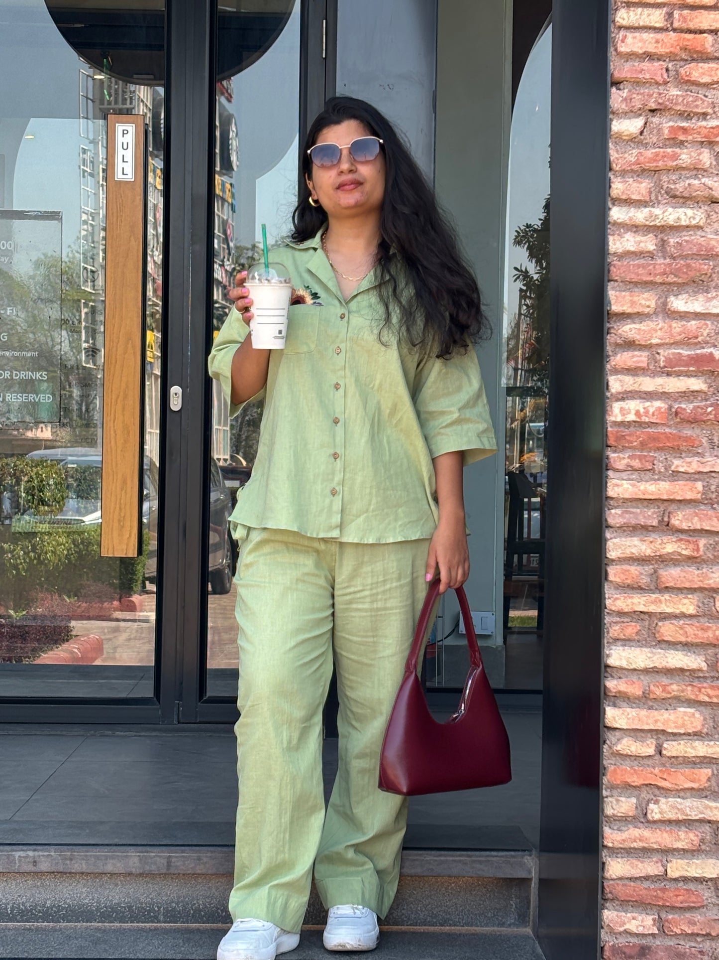 Green Sunflower Embroided Cotton Linen Co-ord