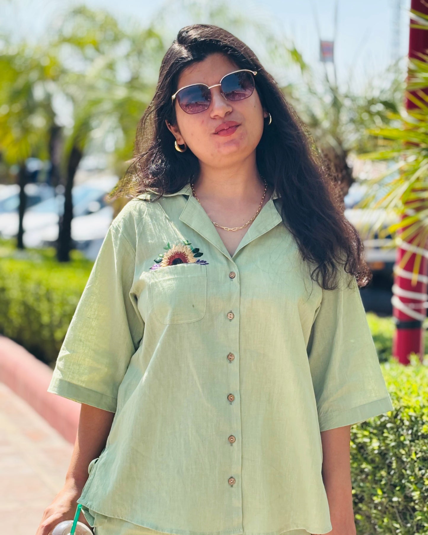 Green Sunflower Embroided  Cotton Linen Shirt