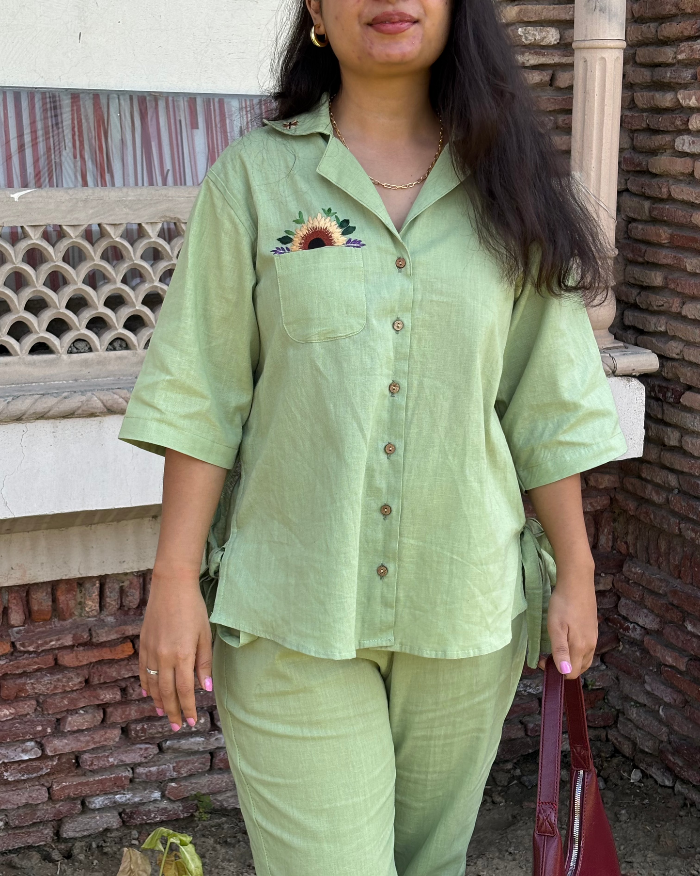 Green Sunflower Embroided  Cotton Linen Co-ord