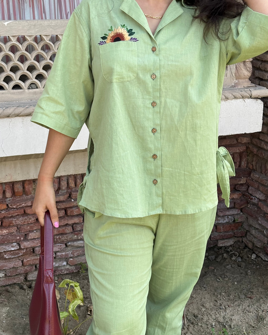 Green Sunflower Embroided  Cotton Linen Co-ord