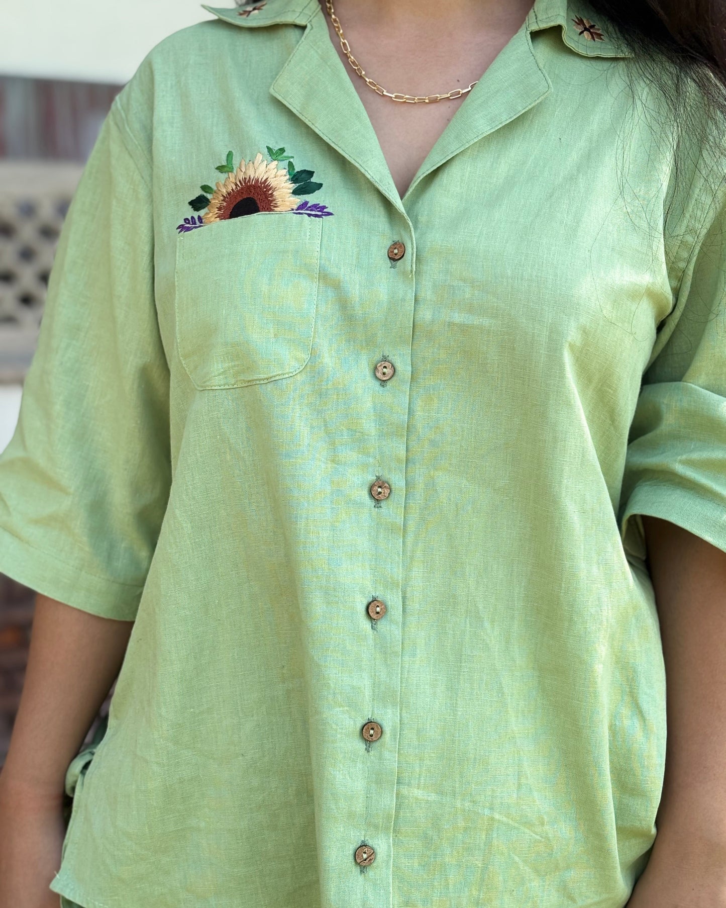 Green Sunflower Embroided  Cotton Linen Shirt