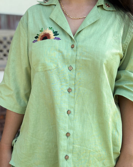 Green Sunflower Embroided  Cotton Linen Shirt