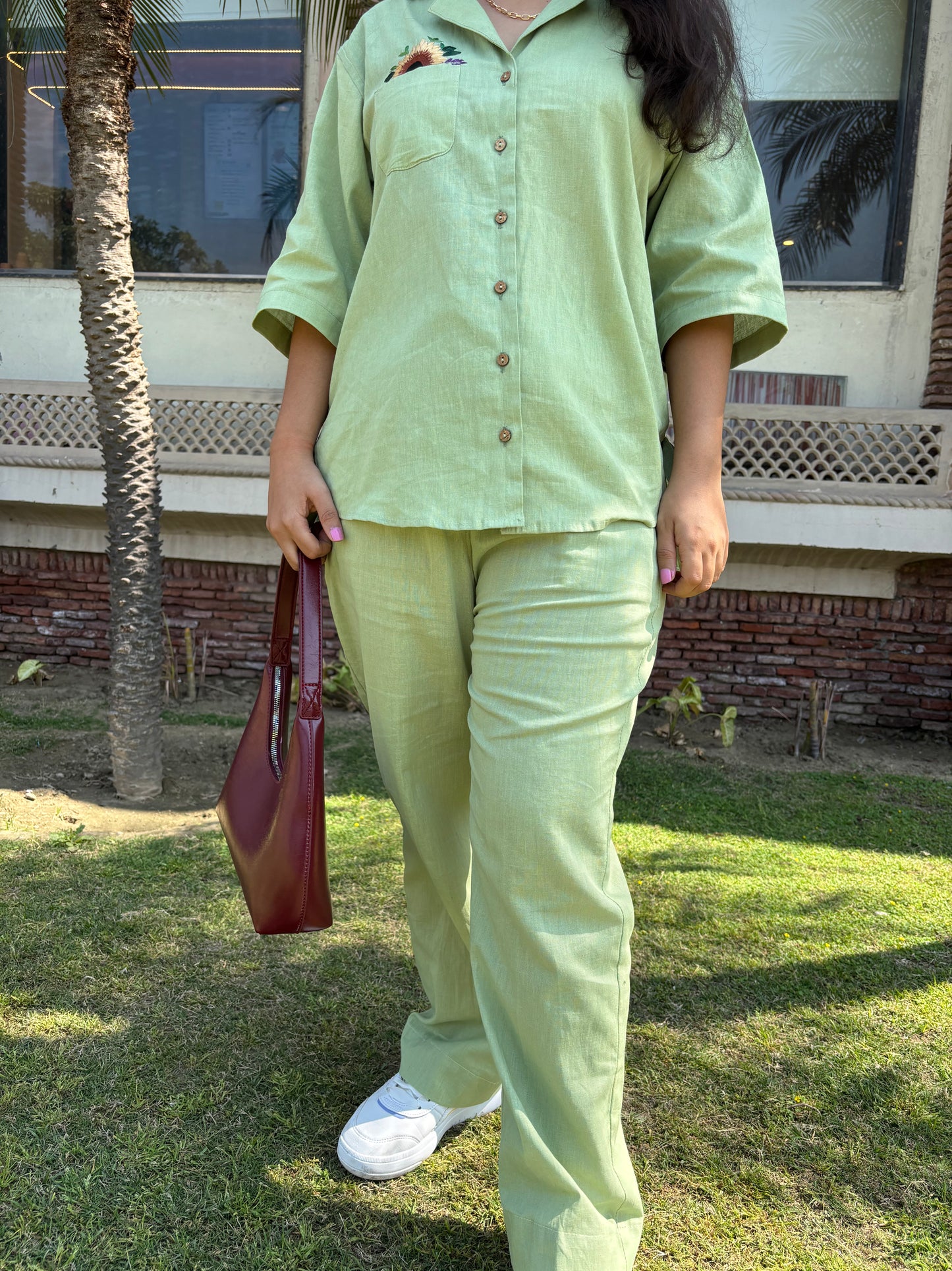 Green Sunflower Embroided  Cotton Linen Co-ord